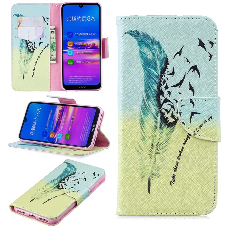 Pattern Printing PU Leather Flip Cover for Huawei Honor 8A - Feather Pattern-1