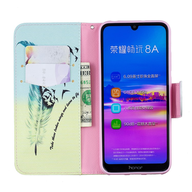 Pattern Printing PU Leather Flip Cover for Huawei Honor 8A - Feather Pattern-8