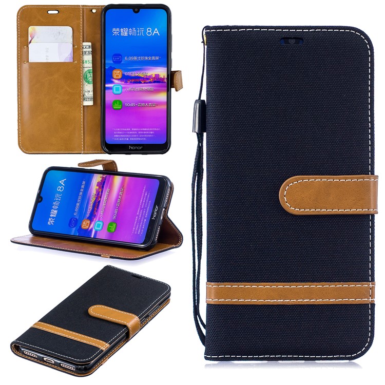For Huawei Honor 8A Assorted Color Jeans Cloth Wallet Stand Leather Cover - Black-1