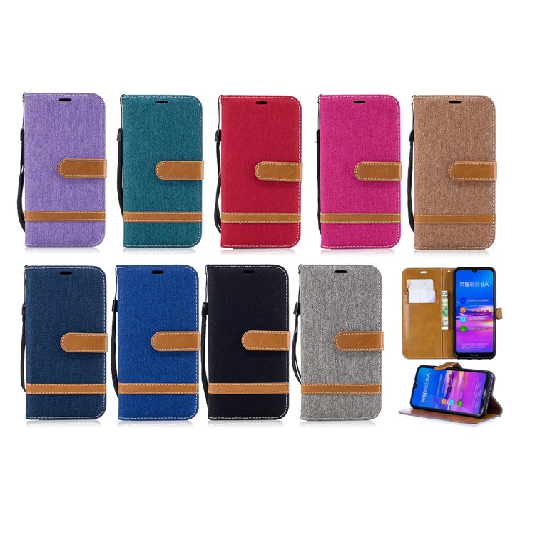 For Huawei Honor 8A Assorted Color Jeans Cloth Wallet Stand Leather Cover - Black-11