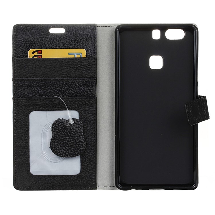 For Huawei P9 Plus Wallet Genuine Leather Case Cover with Stand Litchi Texture - Black-4