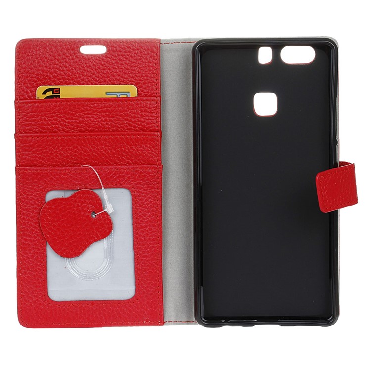 For Huawei P9 Plus Wallet Stand Genuine Leather Cover Litchi Texture - Red-4