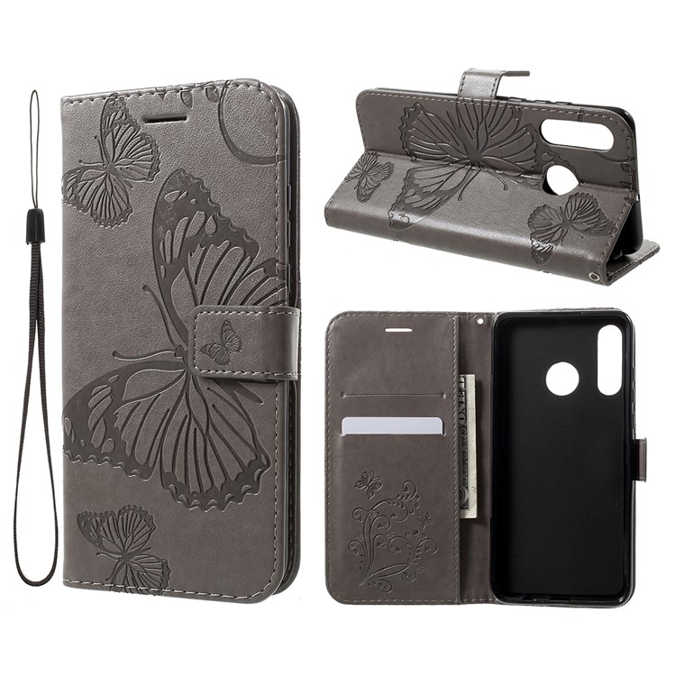 Imprint Butterfly Leather Wallet Stand Case for Huawei P30 Lite - Grey-1