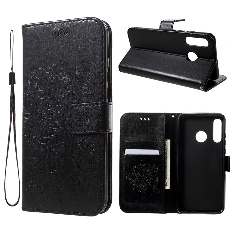 Imprint Cat and Tree Wallet Leather Cover with Strap for Huawei P30 Lite - Black-1