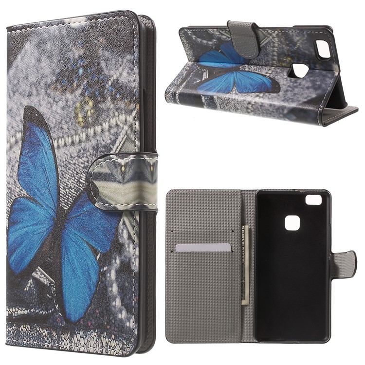 Leather Wallet Stand Protective Case for Huawei P9 Lite - Blue Butterfly-1