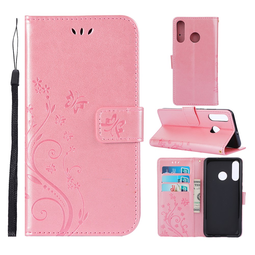 Imprint Butterfly Flower Leather Wallet Case for Huawei P30 Lite - Rose Gold-1