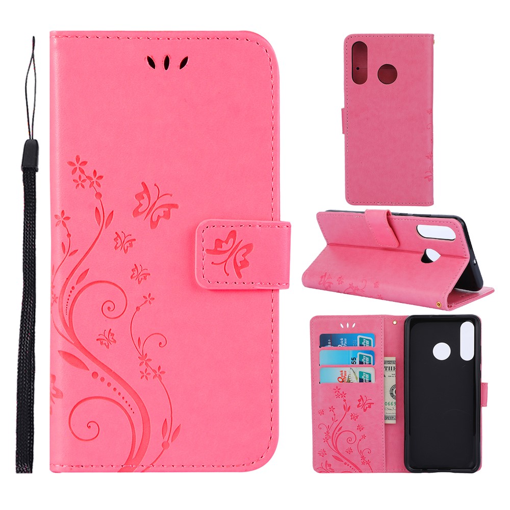 Imprint Butterfly Flower Leather Wallet Case for Huawei P30 Lite - Pink-1