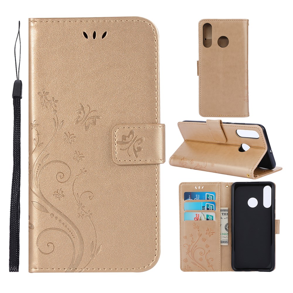Imprint Butterfly Flower Leather Wallet Case for Huawei P30 Lite - Gold-1
