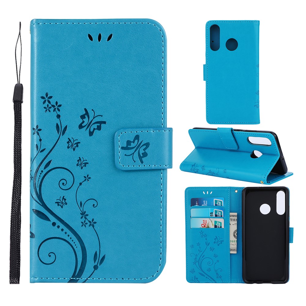 Imprint Butterfly Flower Leather Wallet Case for Huawei P30 Lite - Blue-1