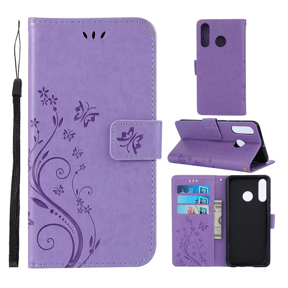 Imprint Butterfly Flower Leather Wallet Case for Huawei P30 Lite - Purple-1