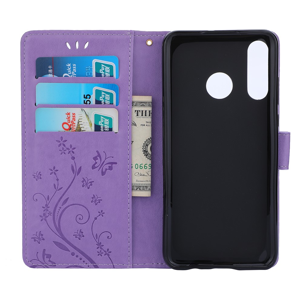 Imprint Butterfly Flower Leather Wallet Case for Huawei P30 Lite - Purple-3