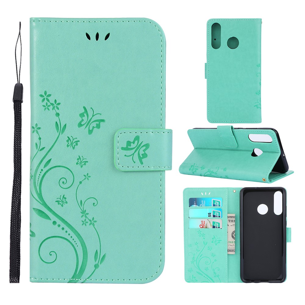 Imprint Butterfly Flower Leather Wallet Case for Huawei P30 Lite - Green-1