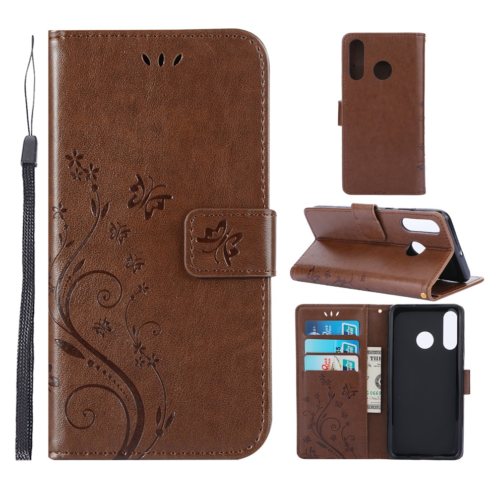 Imprint Butterfly Flower Leather Wallet Case for Huawei P30 Lite - Brown-1