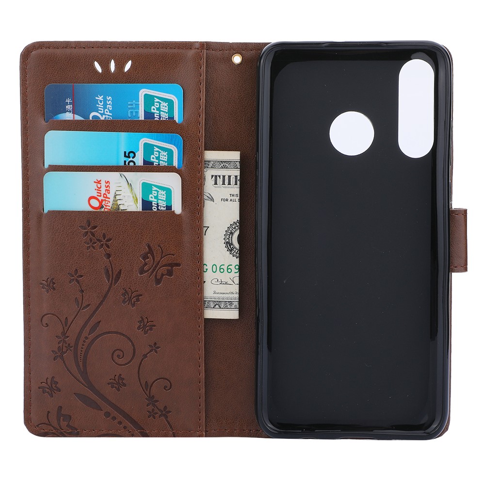 Imprint Butterfly Flower Leather Wallet Case for Huawei P30 Lite - Brown-3