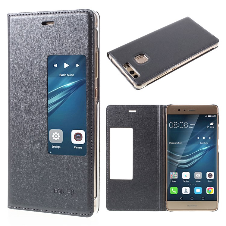 View Window Leather Flip Phone Shell for Huawei P9 - Grey-1