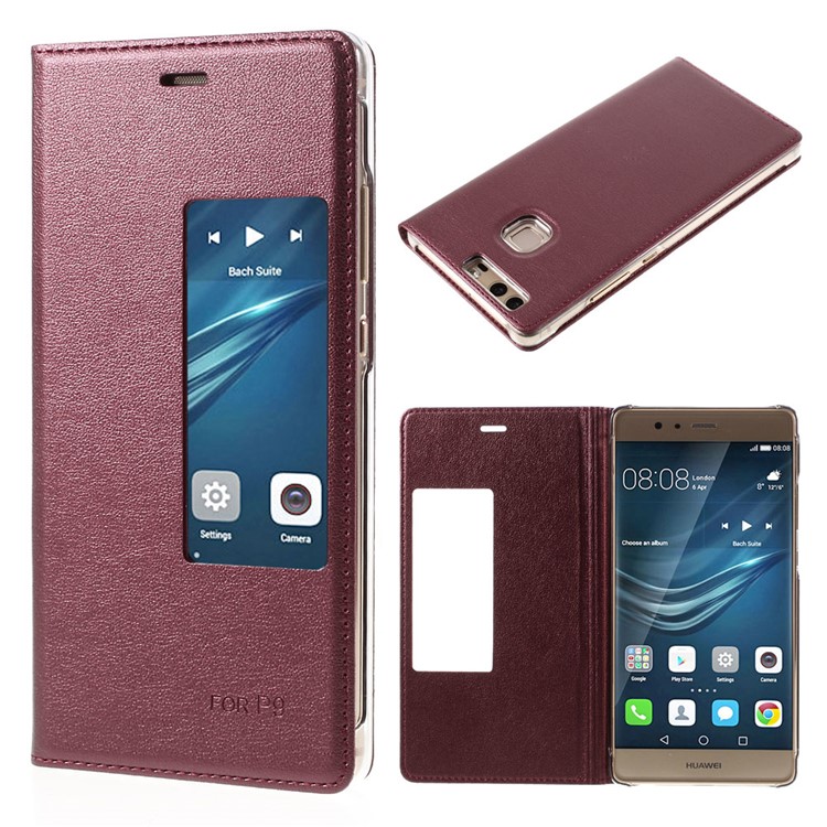 View Window Leather Protective Case for Huawei P9 - Wine Red-1