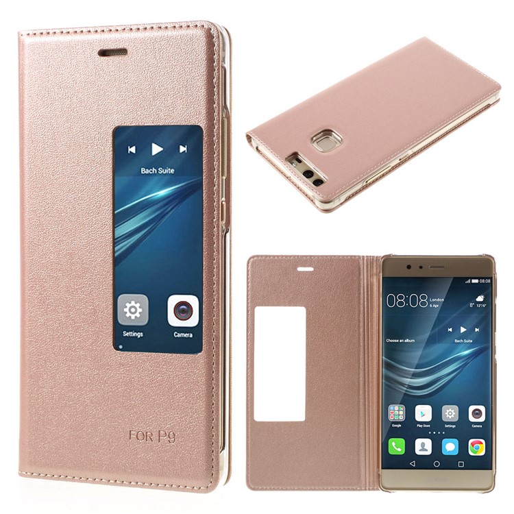 View Window Leather Protective Cover for Huawei P9 - Rose Gold-1