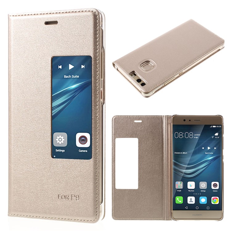 View Window Leather Flip Shell for Huawei P9 - Gold-1