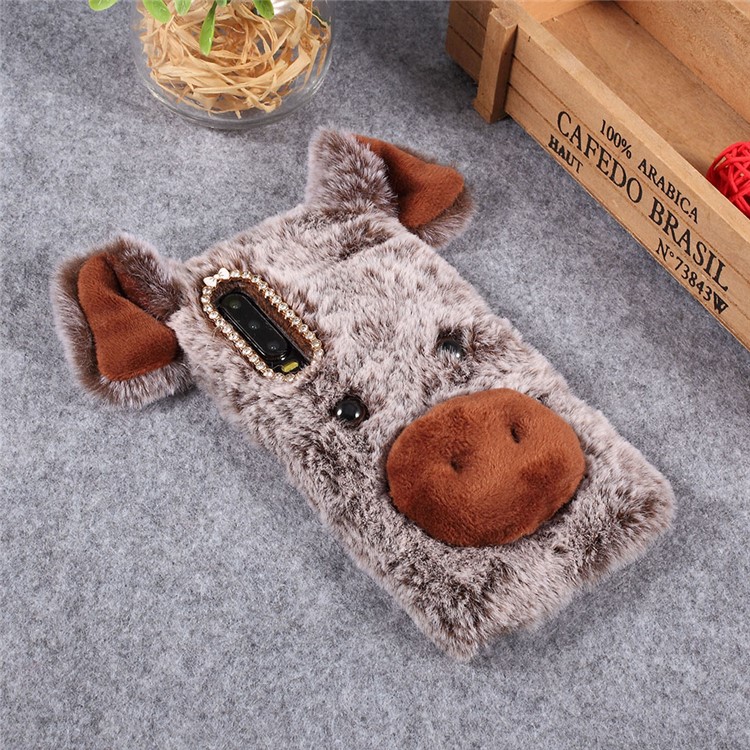 3D Cute Pig Pattern Soft Fur Coated Rhinestone TPU Phone Case for Huawei P30 - Coffee-3