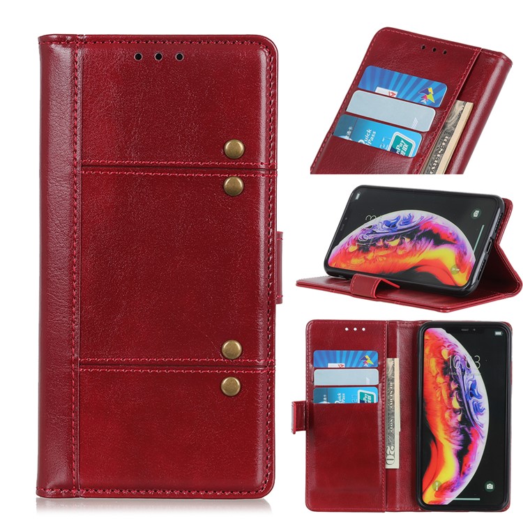Rivet Decor Crazy Horse Leather Wallet Phone Casing for Huawei Y6 (2019, with Fingerprint Sensor) / Y6 Prime (2019) - Red-1