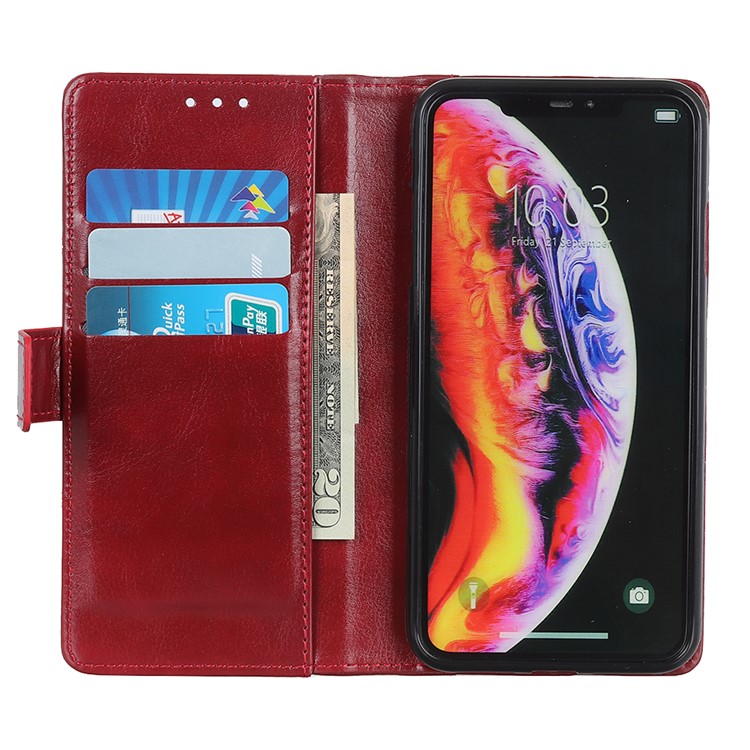 Rivet Decor Crazy Horse Leather Wallet Phone Casing for Huawei Y6 (2019, with Fingerprint Sensor) / Y6 Prime (2019) - Red-11