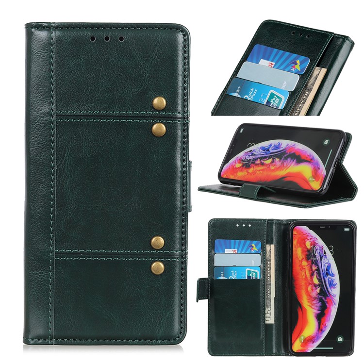 Rivet Decor Crazy Horse Leather Wallet Phone Casing for Huawei Y6 (2019, with Fingerprint Sensor) / Y6 Prime (2019) - Green-1