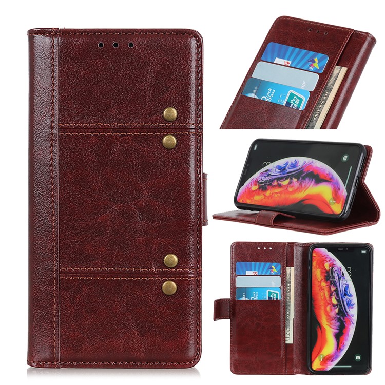 Rivet Decor Crazy Horse Leather Wallet Phone Casing for Huawei Y6 (2019, with Fingerprint Sensor) / Y6 Prime (2019) - Brown-1