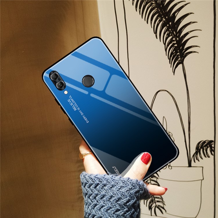 Gradient Color Glass + PC + TPU Hybrid Case for Huawei Honor 10 Lite - Blue / Black