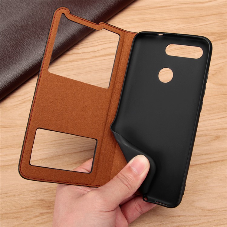 Dual View Window Litchi Skin Genuine Leather Stand Case for Huawei Honor View 20/V20 - Black-10