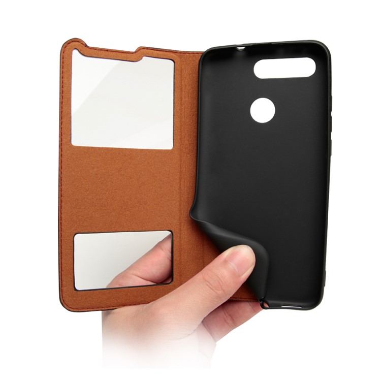 Dual View Window Litchi Skin Genuine Leather Stand Case for Huawei Honor View 20/V20 - Black-7