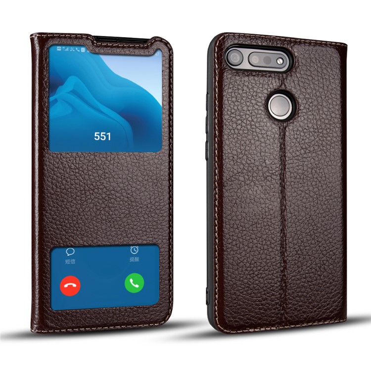 Dual View Window Litchi Skin Genuine Leather Stand Case for Huawei Honor View 20/V20 - Brown-1