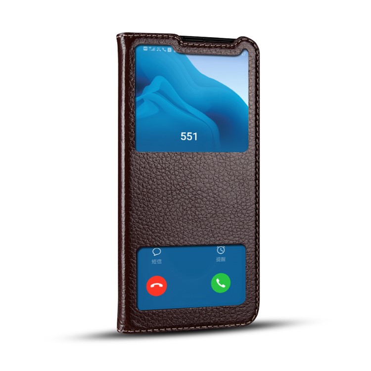 Dual View Window Litchi Skin Genuine Leather Stand Case for Huawei Honor View 20/V20 - Brown-2