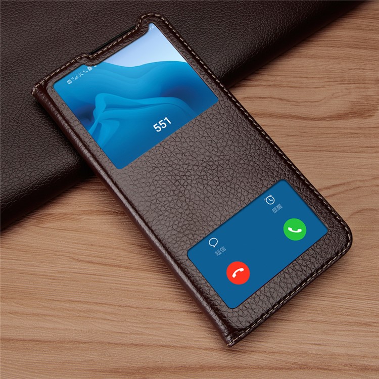 Dual View Window Litchi Skin Genuine Leather Stand Case for Huawei Honor View 20/V20 - Brown-3