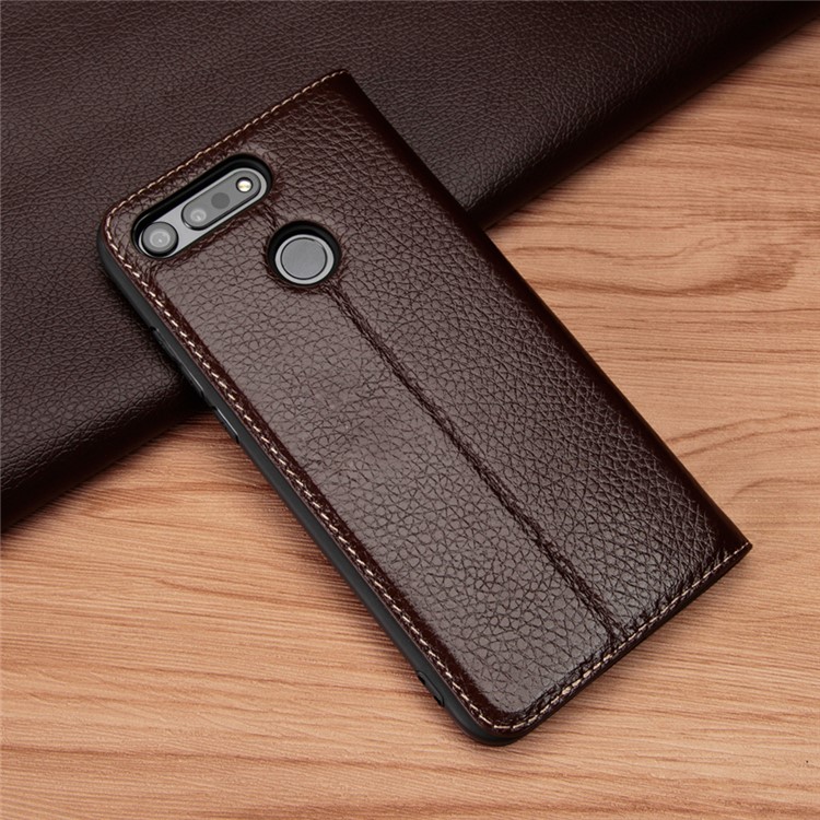 Dual View Window Litchi Skin Genuine Leather Stand Case for Huawei Honor View 20/V20 - Brown-4