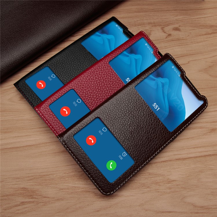 Dual View Window Litchi Skin Genuine Leather Stand Case for Huawei Honor View 20/V20 - Brown-5