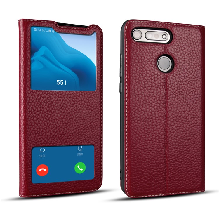 Dual View Window Litchi Skin Genuine Leather Stand Case for Huawei Honor View 20/V20 - Red-1