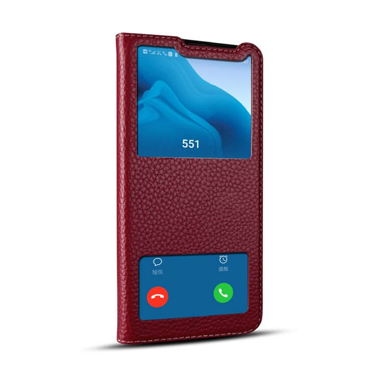 Dual View Window Litchi Skin Genuine Leather Stand Case for Huawei Honor View 20/V20 - Red-2