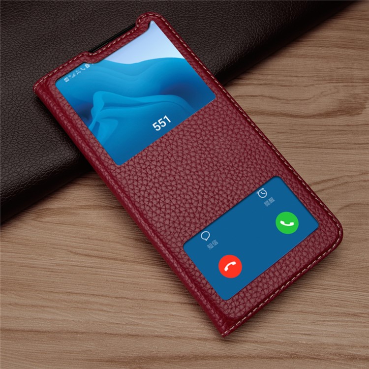 Dual View Window Litchi Skin Genuine Leather Stand Case for Huawei Honor View 20/V20 - Red-3