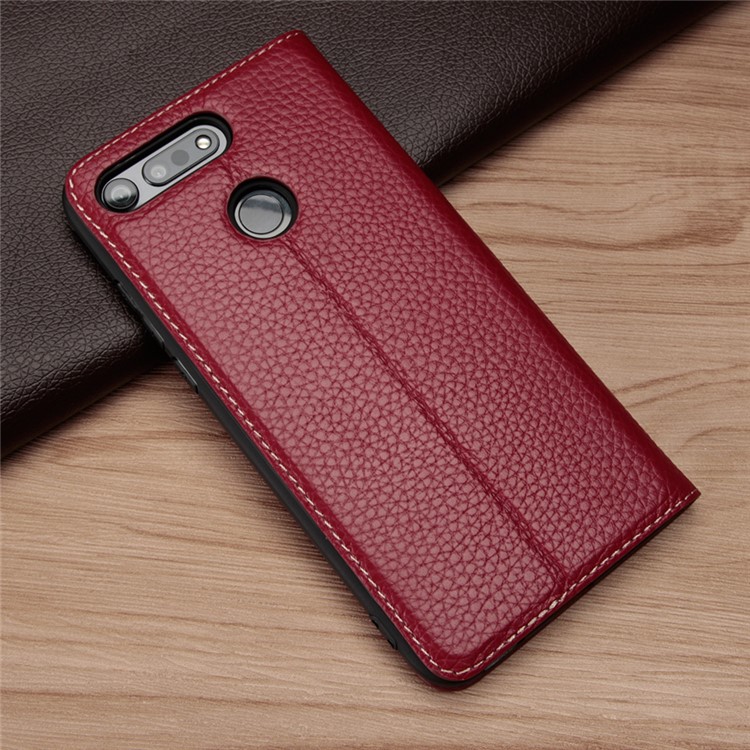 Dual View Window Litchi Skin Genuine Leather Stand Case for Huawei Honor View 20/V20 - Red-4