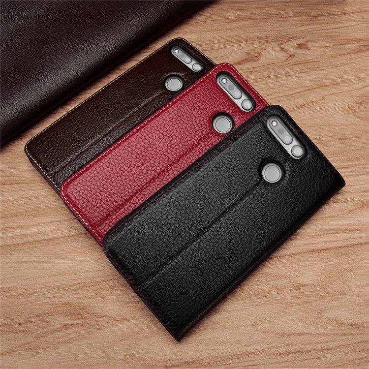 Dual View Window Litchi Skin Genuine Leather Stand Case for Huawei Honor View 20/V20 - Red-5