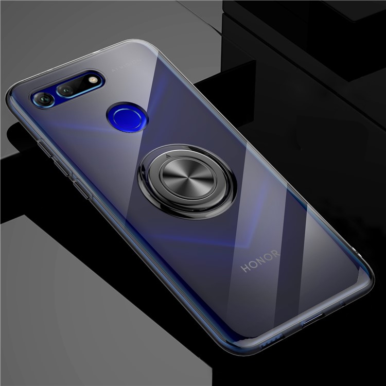 Finger Ring Kickstand Clear TPU Cover for Huawei Honor View 20/V20 (Built-in Magnetic Metal Sheet) - Transparent Black-1