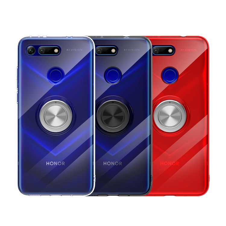 Finger Ring Kickstand Clear TPU Cover for Huawei Honor View 20/V20 (Built-in Magnetic Metal Sheet) - Transparent Black-2
