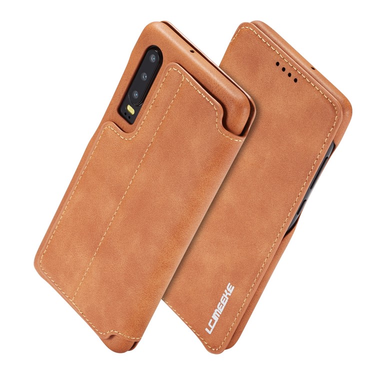LC.IMEEKE Retro Style Leather Card Holder Case for Huawei P30 - Brown-2