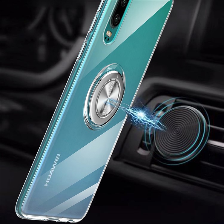 For Huawei P30 Finger Ring Kickstand Clear TPU Soft Phone Casing (Built-in Magnetic Metal Sheet) - Transparent-2