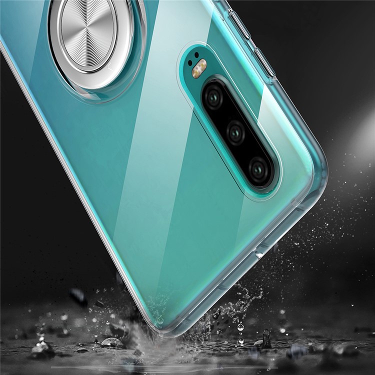 For Huawei P30 Finger Ring Kickstand Clear TPU Soft Phone Casing (Built-in Magnetic Metal Sheet) - Transparent-6