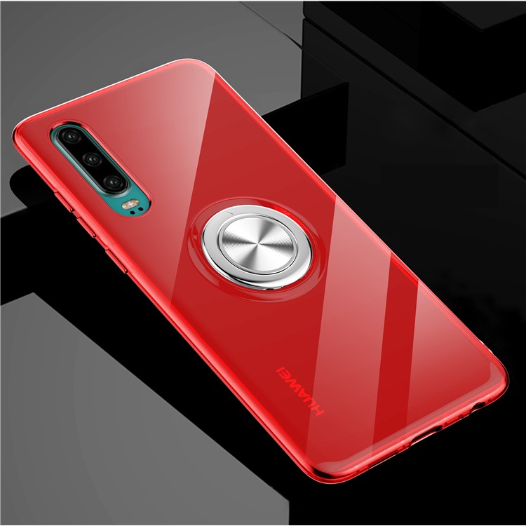 For Huawei P30 Finger Ring Kickstand Clear TPU Soft Phone Casing (Built-in Magnetic Metal Sheet) - Red-1
