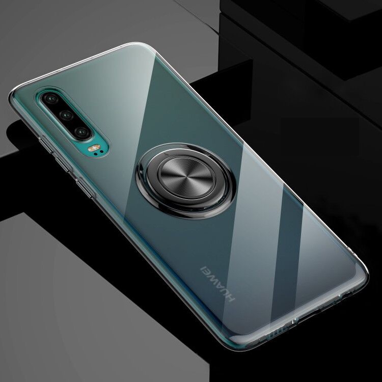 For Huawei P30 Finger Ring Kickstand Clear TPU Soft Phone Casing (Built-in Magnetic Metal Sheet) - Transparent Black-1