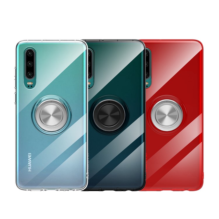 For Huawei P30 Finger Ring Kickstand Clear TPU Soft Phone Casing (Built-in Magnetic Metal Sheet) - Transparent Black-2