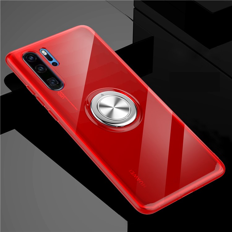 Finger Ring Kickstand Clear TPU Case for Huawei P30 Pro (Built-in Magnetic Metal Sheet) - Red-1