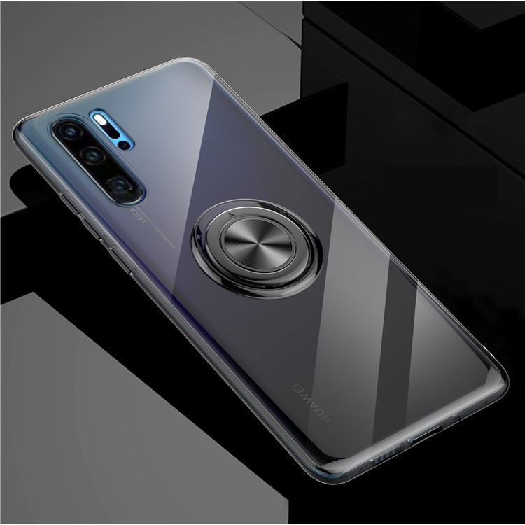 Finger Ring Kickstand Clear TPU Case for Huawei P30 Pro (Built-in Magnetic Metal Sheet) - Transparent Black